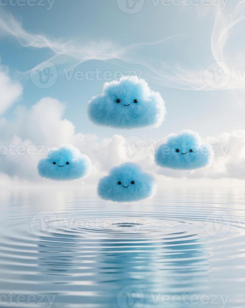 Fluffy blue cloud creatures floating on water under a cloudy sky.Fluffy blue cloud creatures floating on water under a cloudy sky. photo