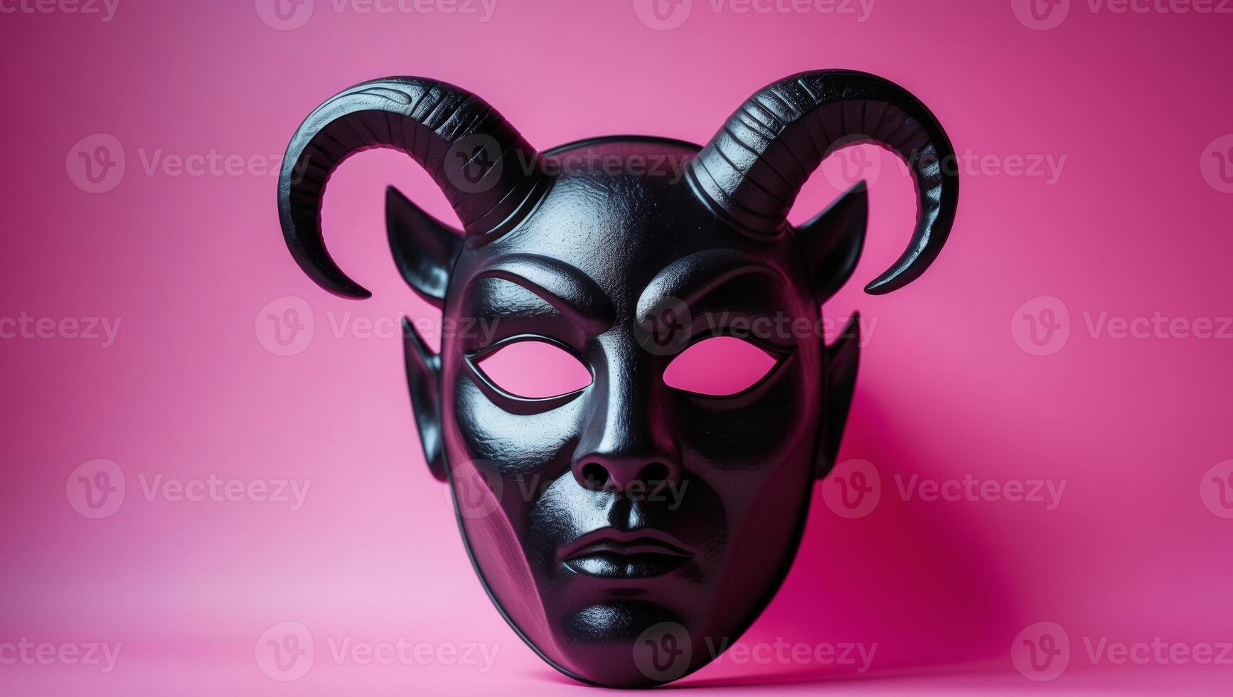 Black Devil Mask with Horns on Pink Background for Costume Use photo