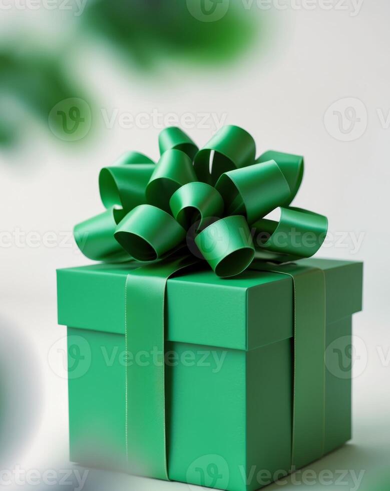 a close up of a green gift box with a green bowa close up of a green gift box with a green bow. photo