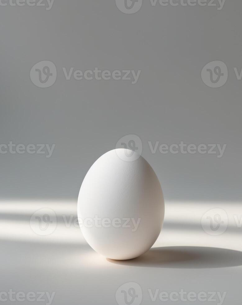 Single White Egg on Light Gray Background Still LifeSingle White Egg on Light Gray Background Still Life. photo