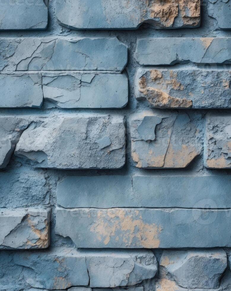 Weathered blue stone brick wall with textured surface suitable for web design backgrounds or mobile applications. photo