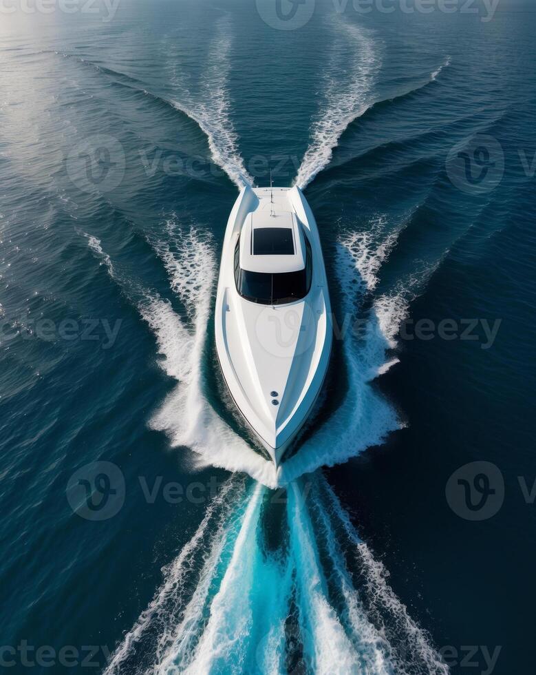Aerial View of a Speedboat Cutting Through the Deep Blue Ocean. photo
