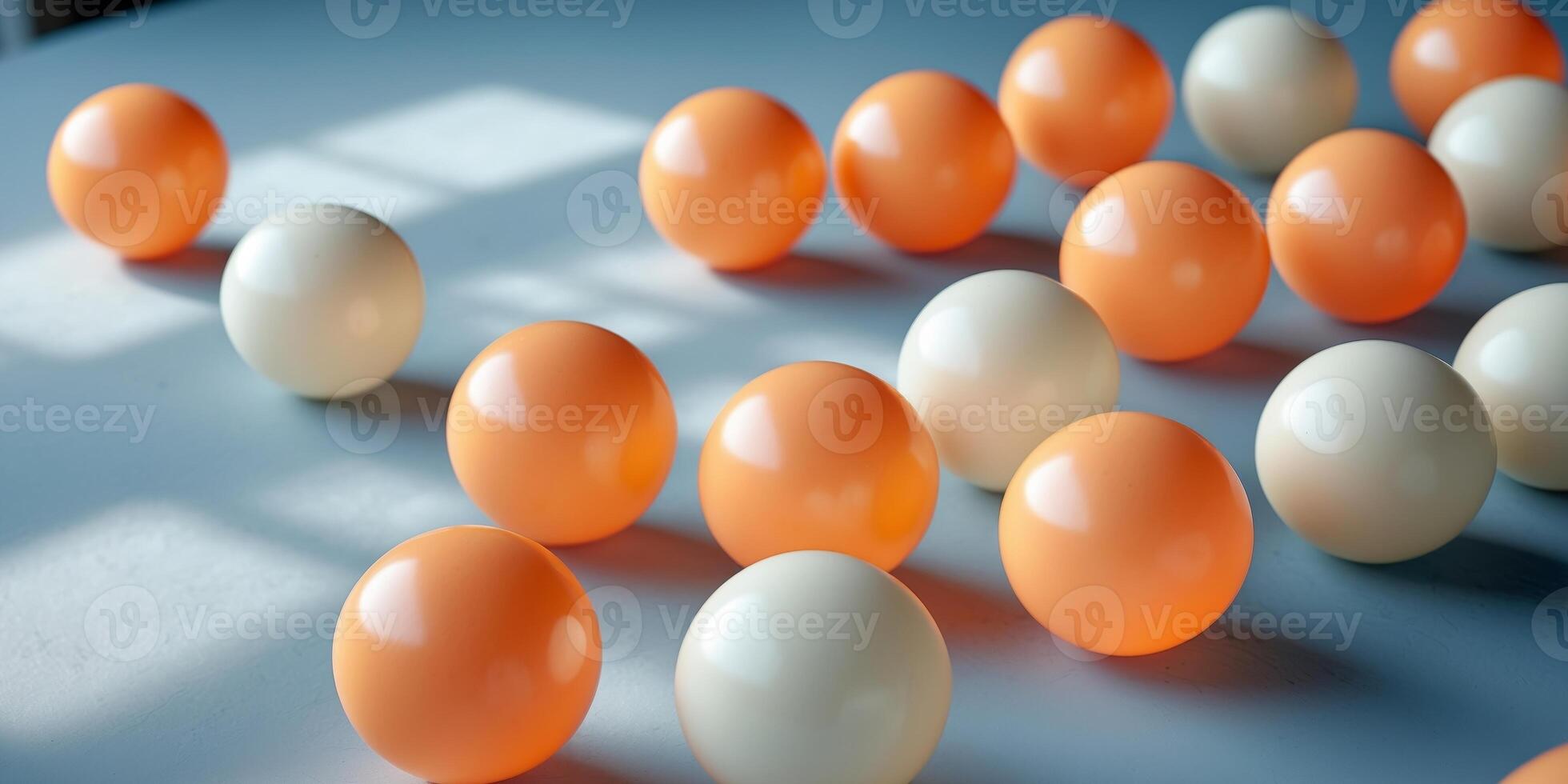 A blend of orange and white ping pong balls resting on a blue table photo