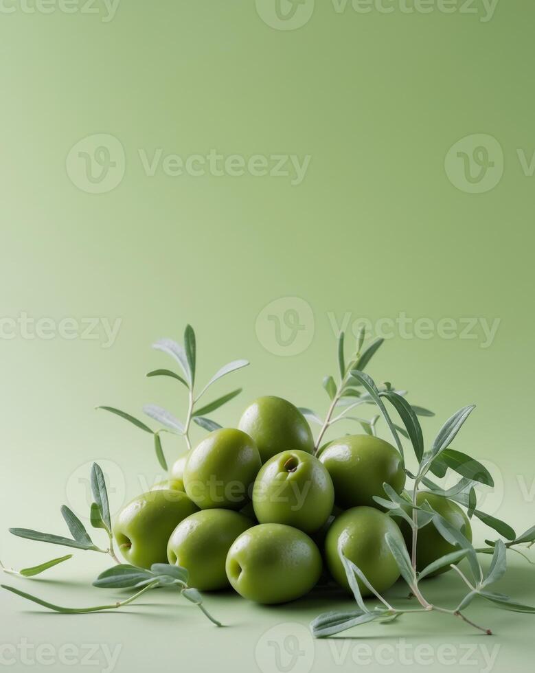 A bunch of green olives with leaves on a green backgroundA bunch of green olives with leaves on a green background. photo