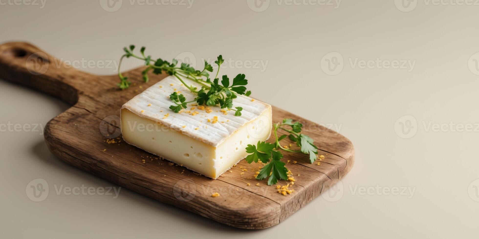 a block of cheese with herbs on a wooden boarda block of cheese with herbs on a wooden board. photo