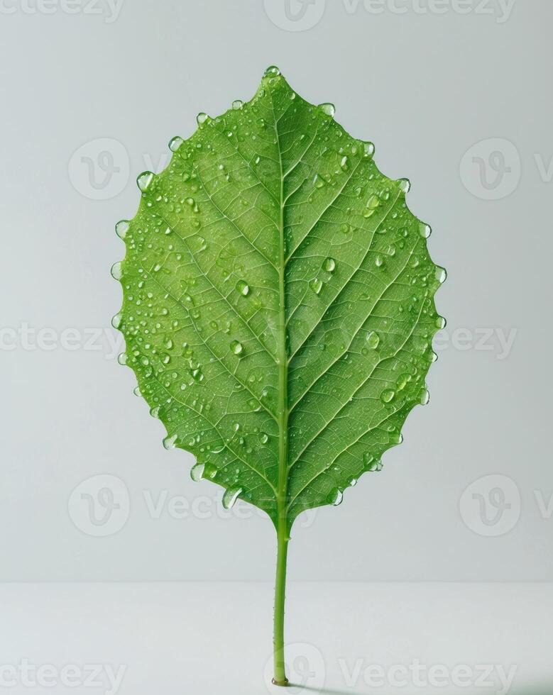 A close up of a green leaf with water droplets photo