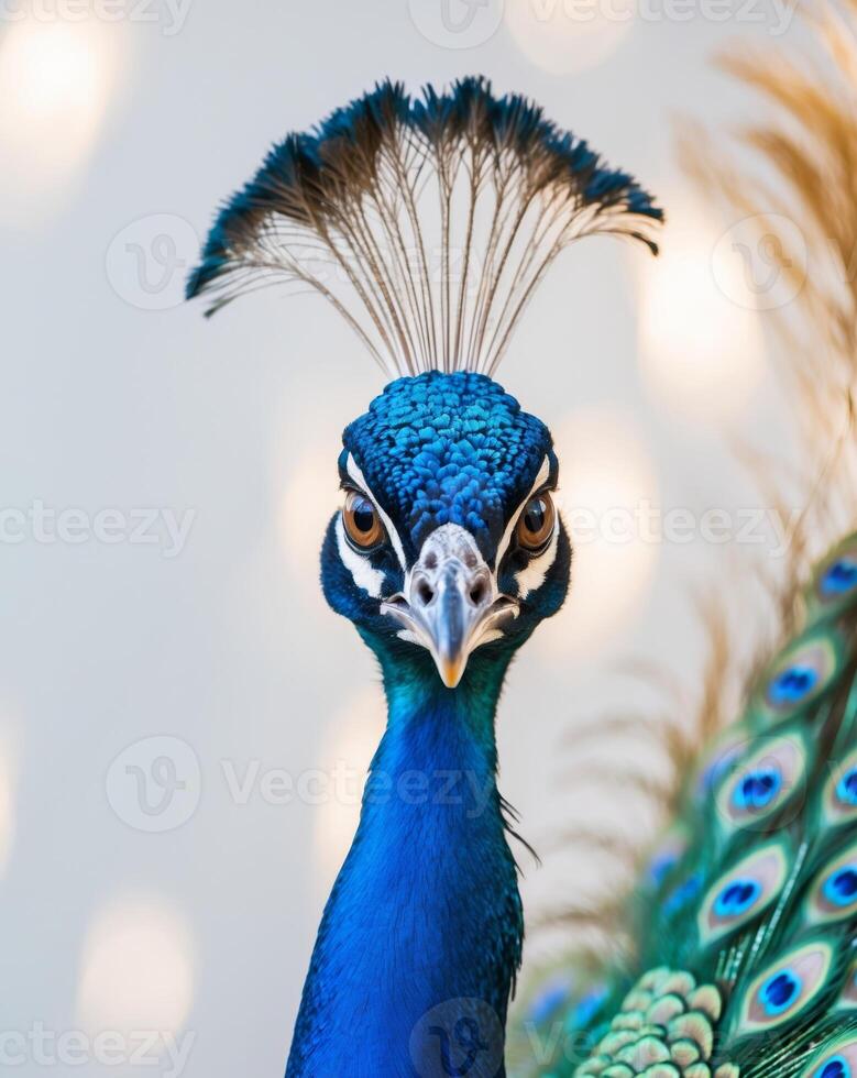 A close up of a peacock's head with a blurry background photo