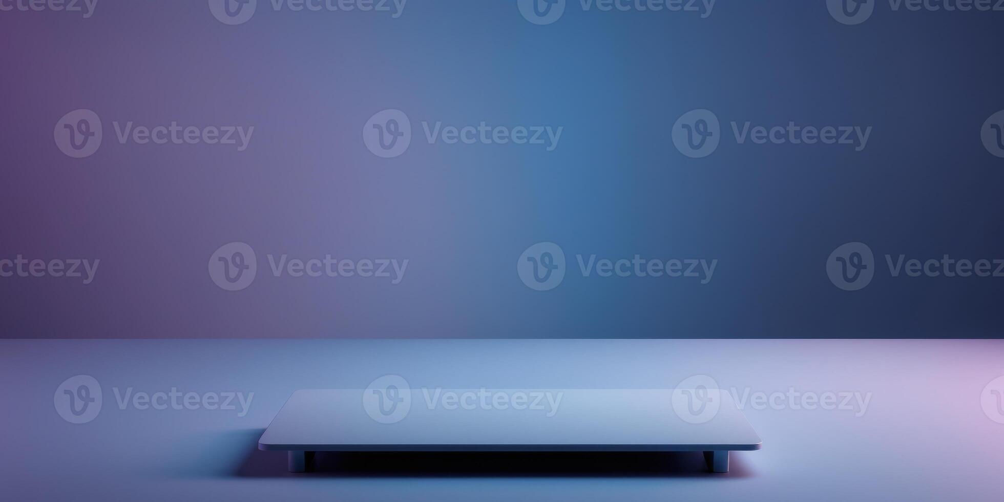 A desk with a blue background and purple lightingA desk with a blue background and purple lighting. photo