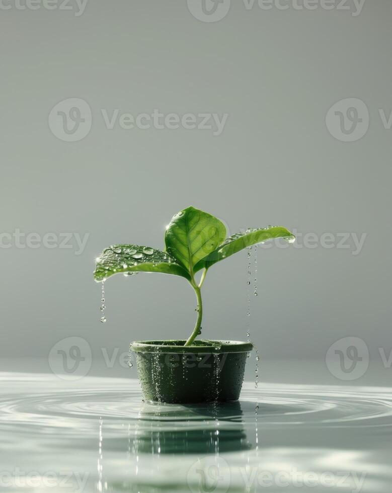 A green plant with water droplets on it in the water photo