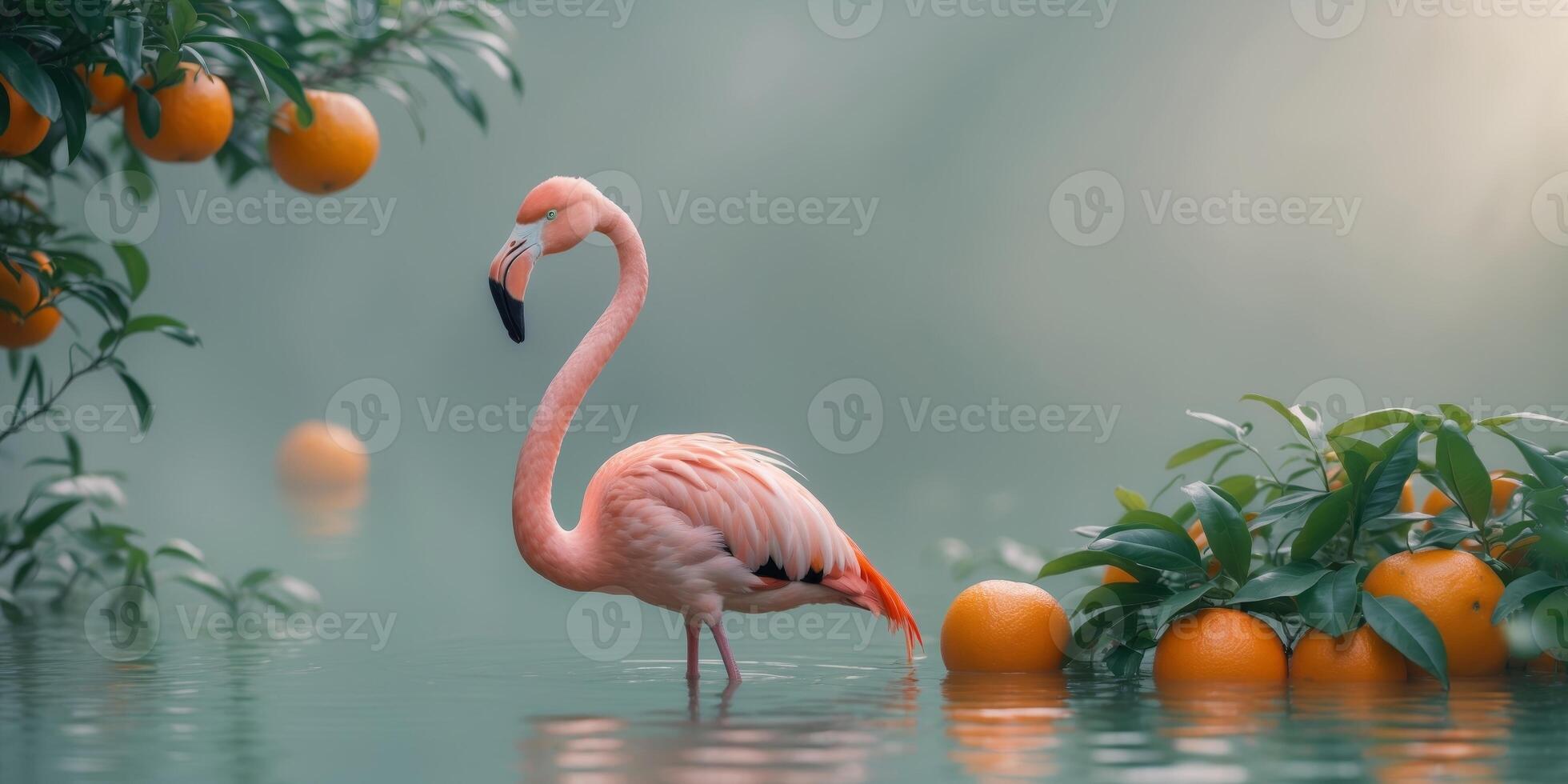 a pink flamingo in a pool with oranges and leaves photo