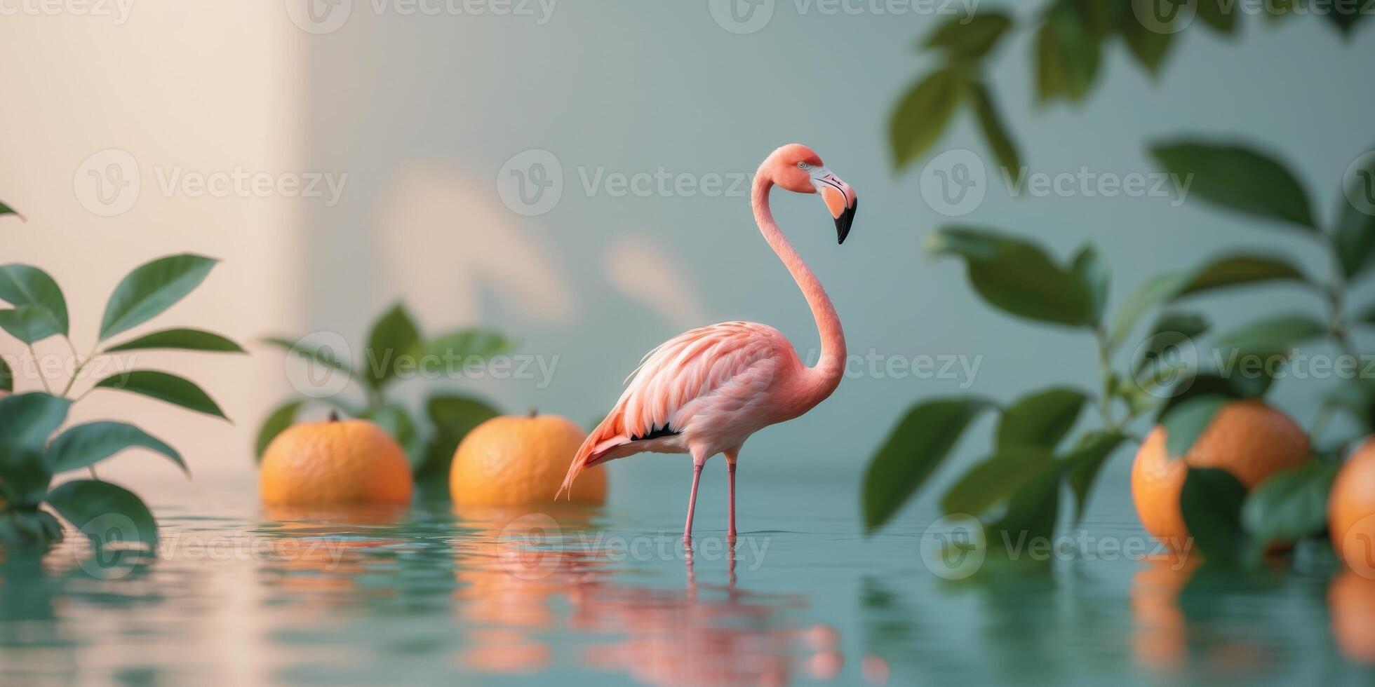 a pink flamingo in a pool with oranges and leavesa pink flamingo in a pool with oranges and leaves. photo
