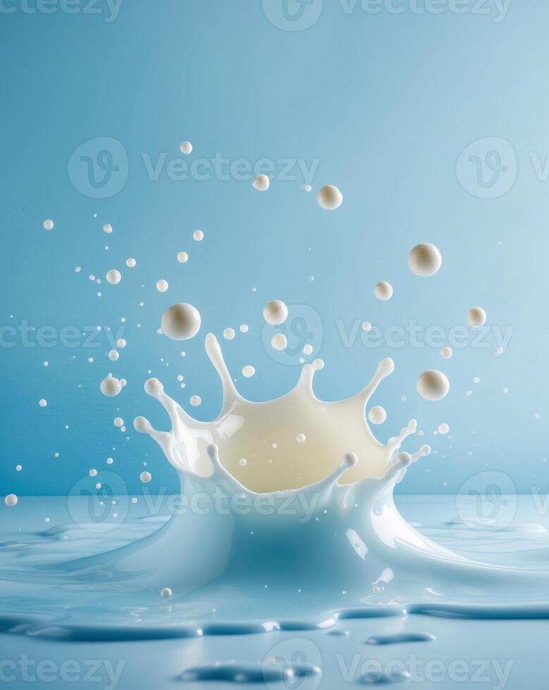 A splash of milk with bubbles on a blue backgroundA splash of milk with bubbles on a blue background. photo