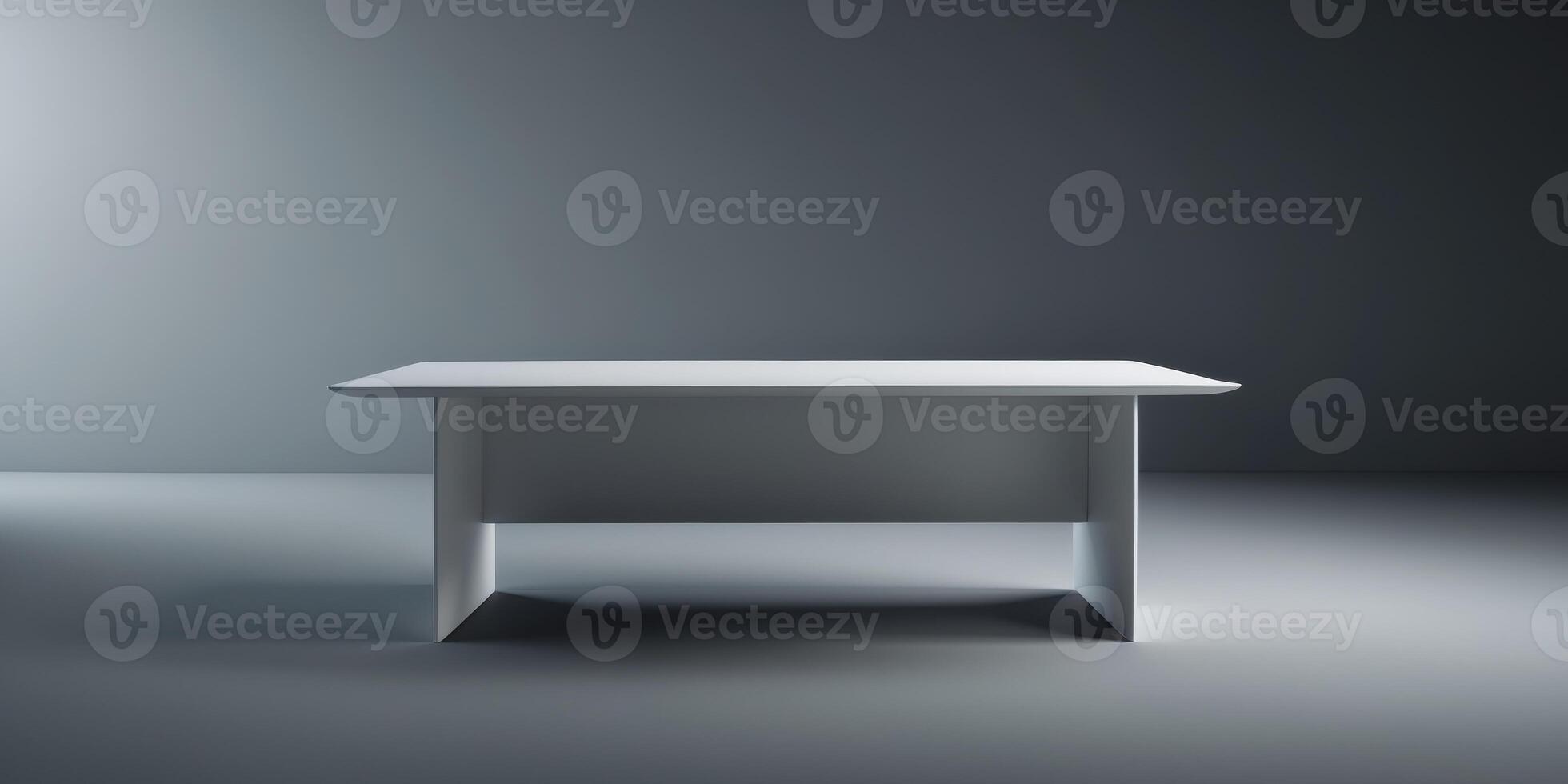 A white desk is sitting in a room with a dark background photo