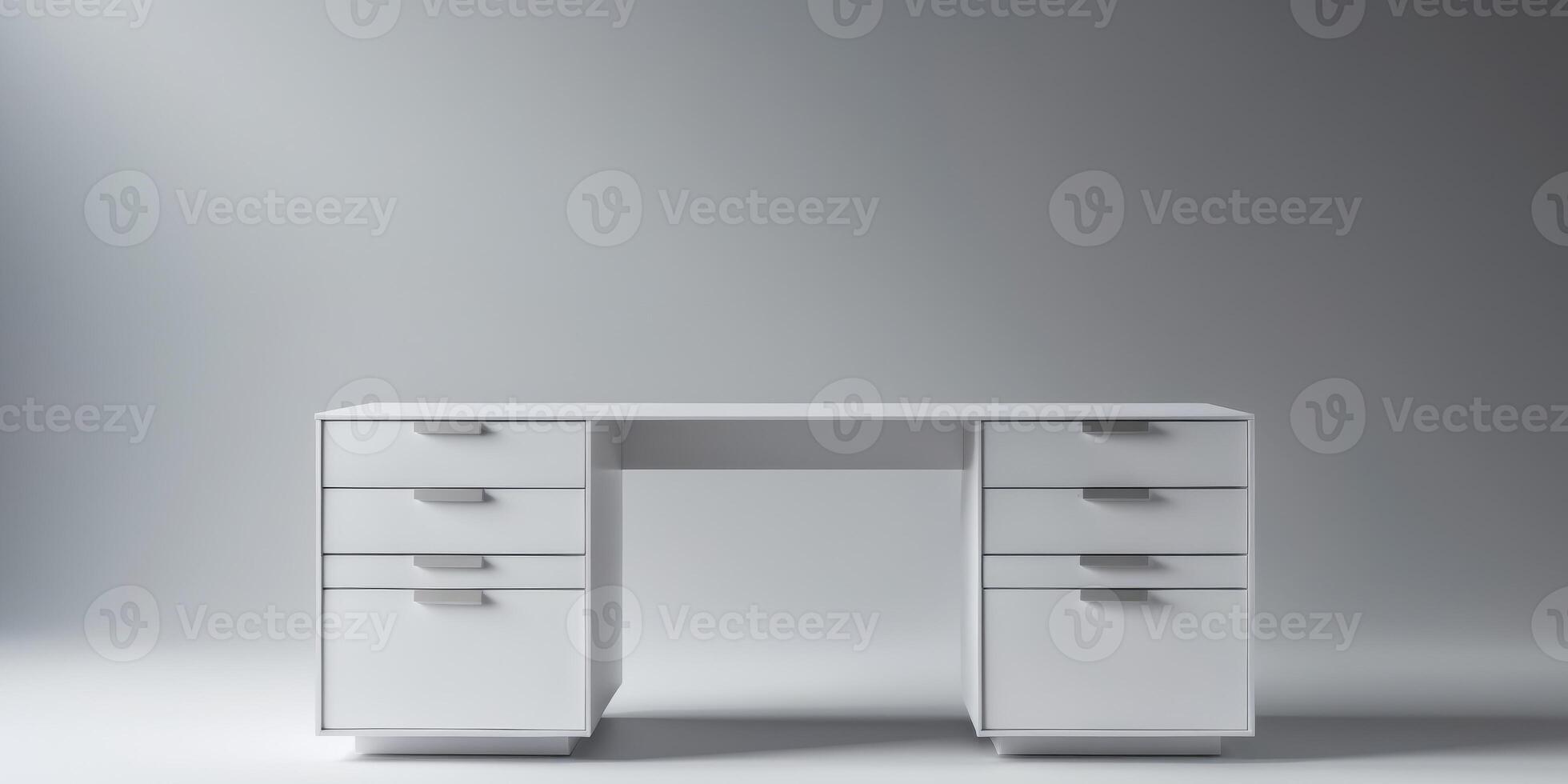 A white desk with three drawers and a silver frame photo