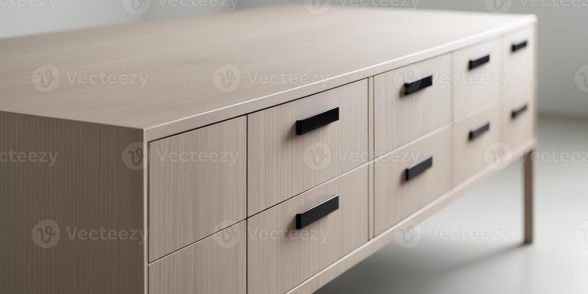 A wooden desk with six drawers and a black handleA wooden desk with six drawers and a black handle. photo