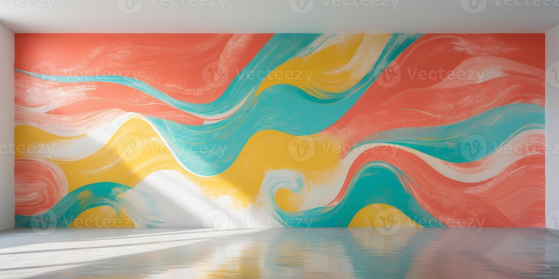 Bright and abstract colorful mural covering a wall in an empty room - photo