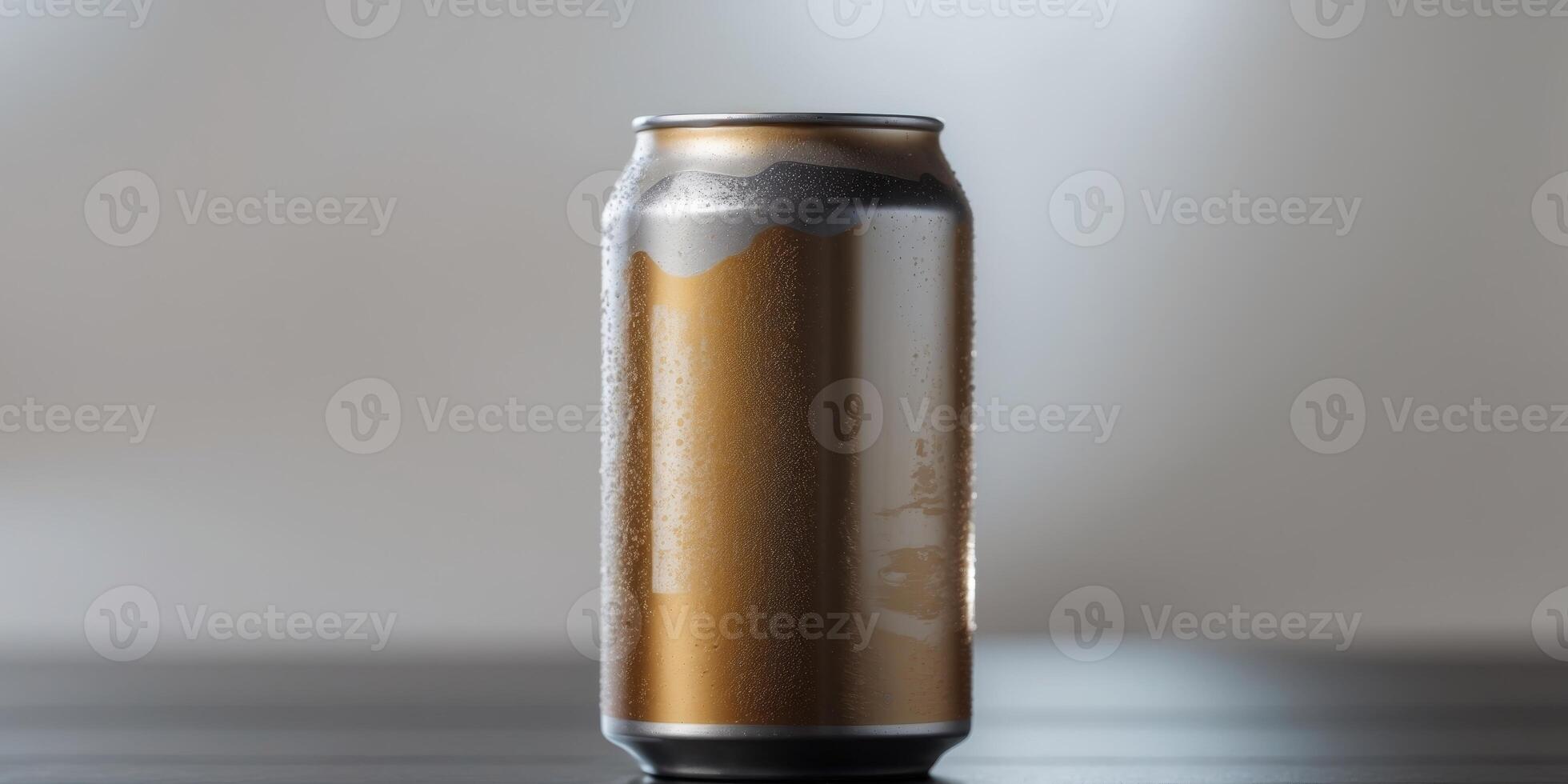 Can of beer is sitting on a table with condensation on the outsideCan of beer is sitting on a table with condensation on the outside. photo