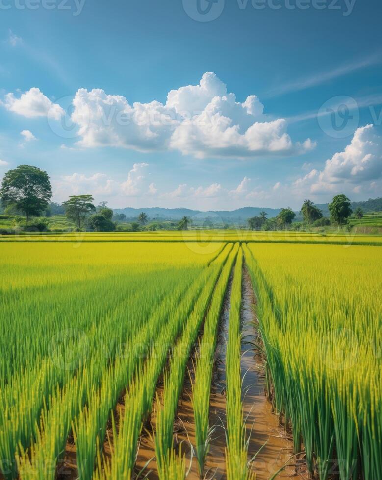 Captivating view of vibrant rice fields under a clear blue sky in rural landscapeCaptivating view of vibrant rice fields under a clear blue sky in rural landscape. photo