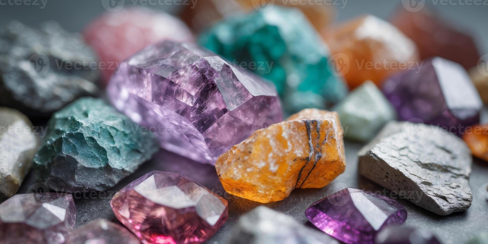 Closeup of Colorful Gemstones and Rough Rocks Texture photo