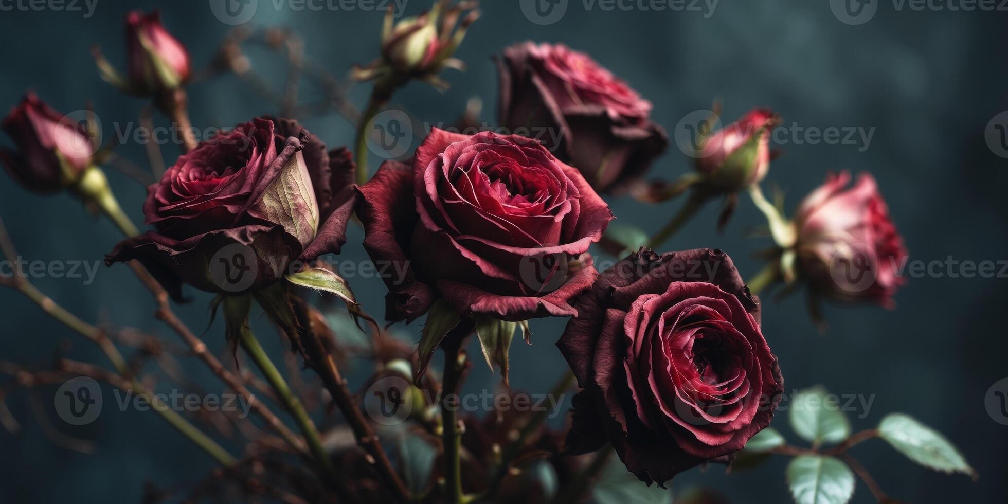 Dark Moody Bouquet of Withering Roses CloseupDark Moody Bouquet of Withering Roses Closeup. photo