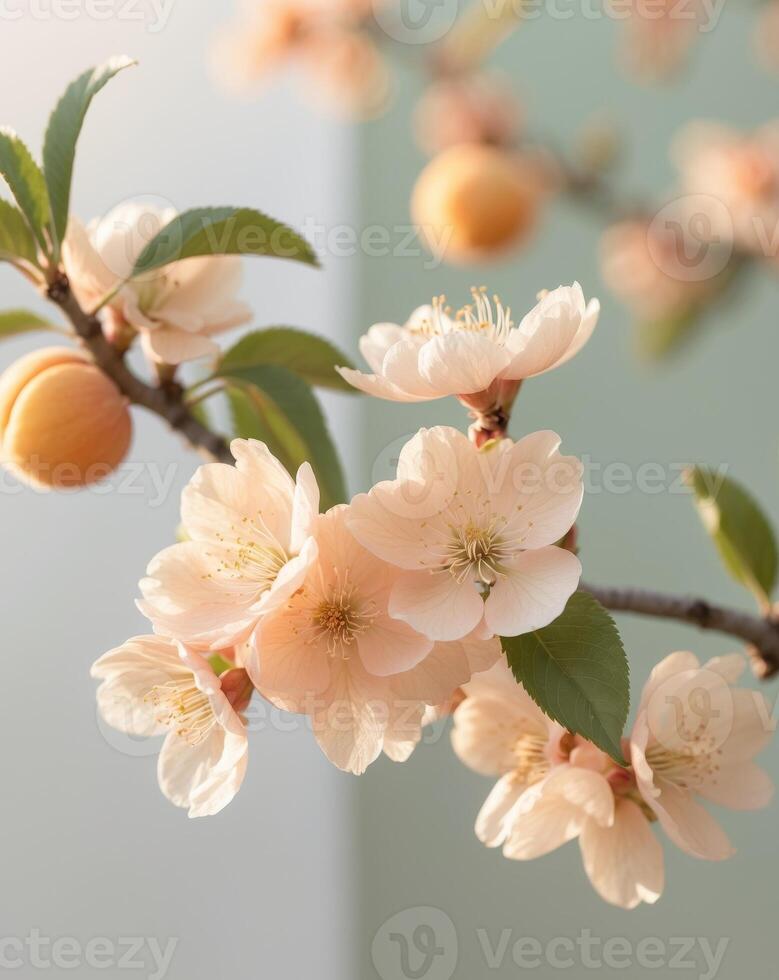 Delicate apricot tree blossoms glowing in the soft light of a spring morningDelicate apricot tree blossoms glowing in the soft light of a spring morning. photo