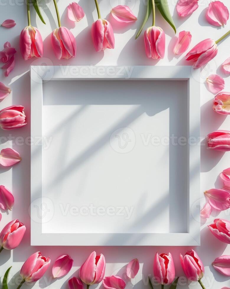 Elegant white square frame surrounded by vibrant pink tulip petals on a clean background ideal for floral mock up and design presentations photo