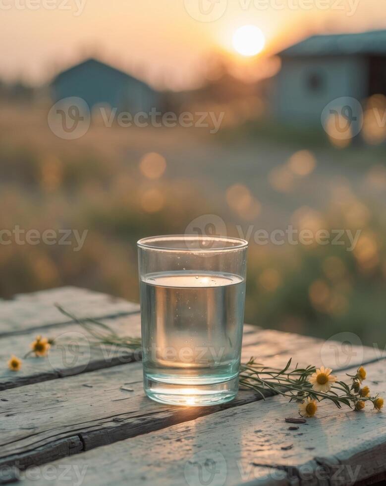 Glass of Water in a Warm Rural Setting at Sunset photo