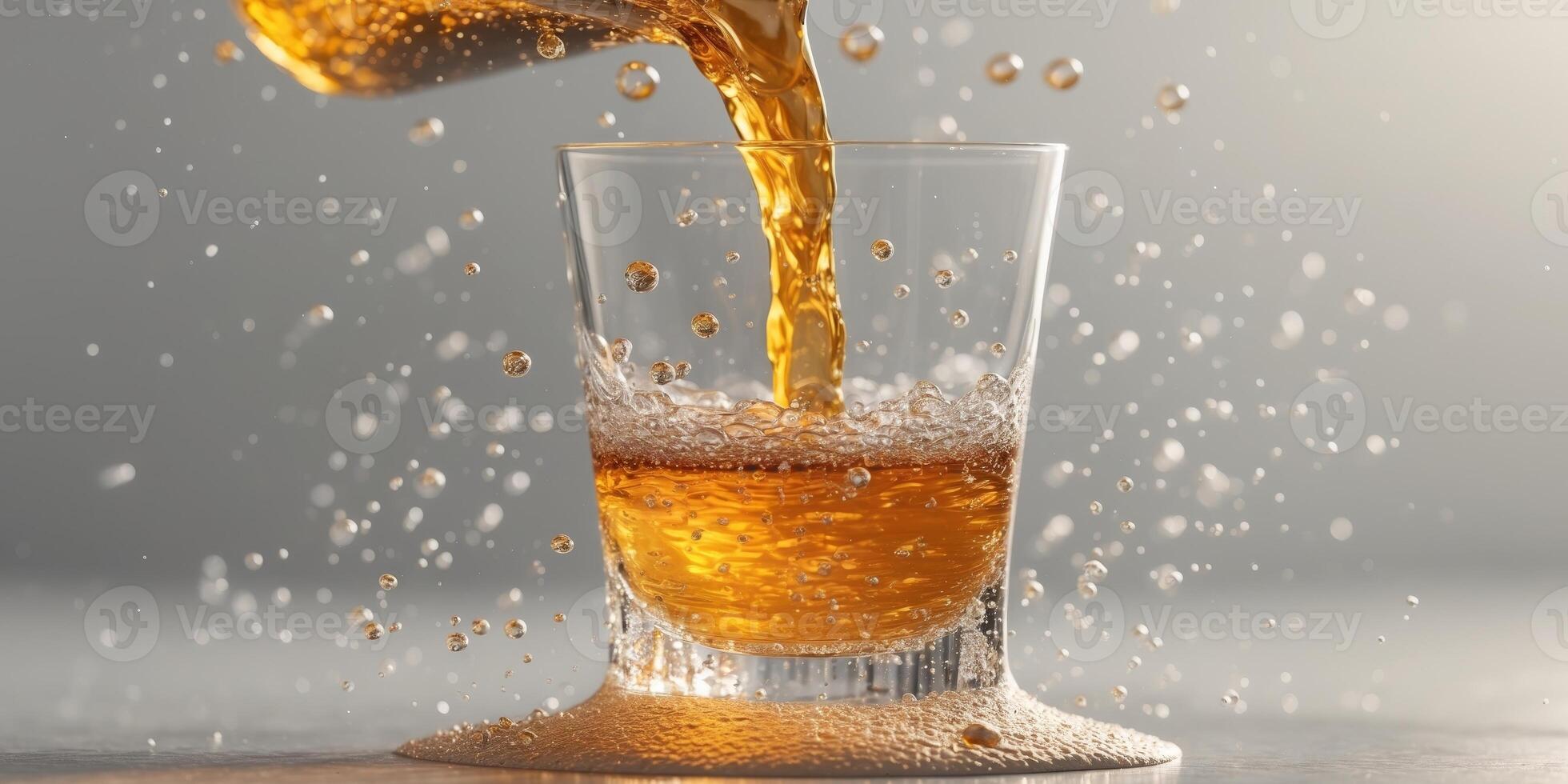 Golden liquid pours into a glass creating bubblesGolden liquid pours into a glass creating bubbles. photo
