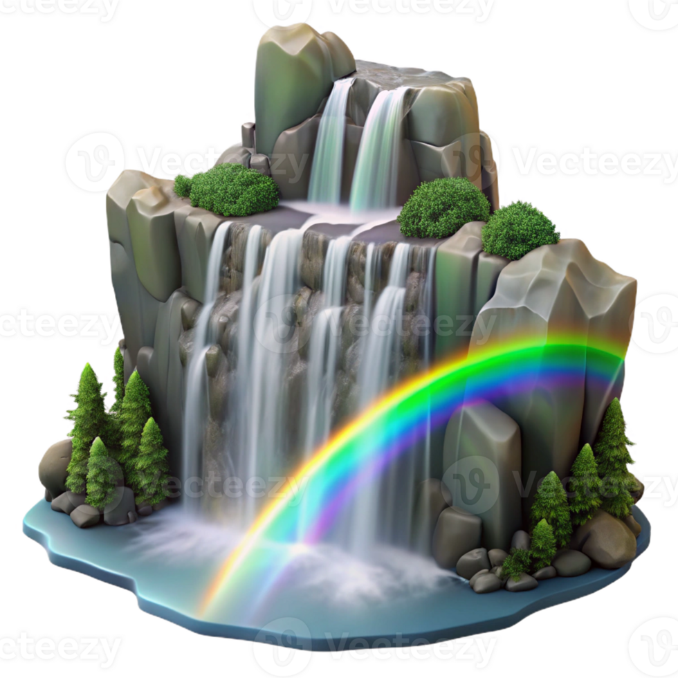 3D Cascade Waterfall and Colorful Rainbow png