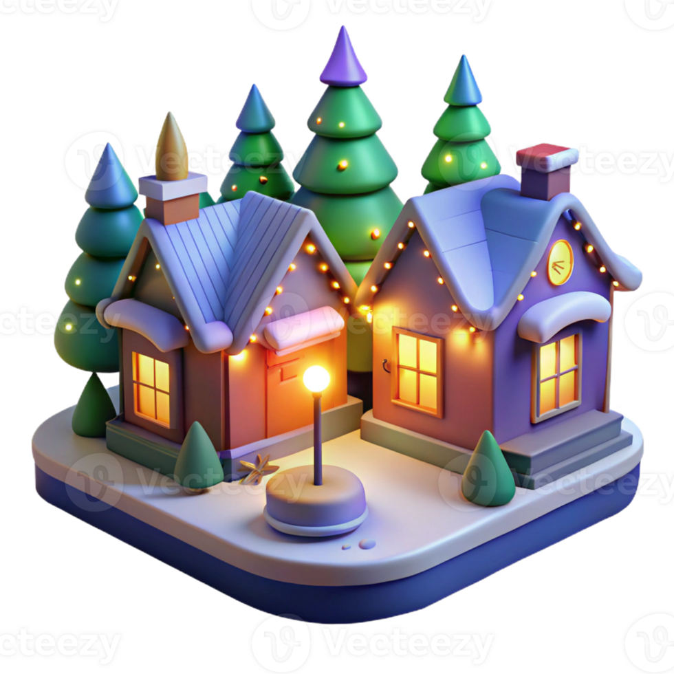 3D Cozy Holiday Houses in Snowy Scene png