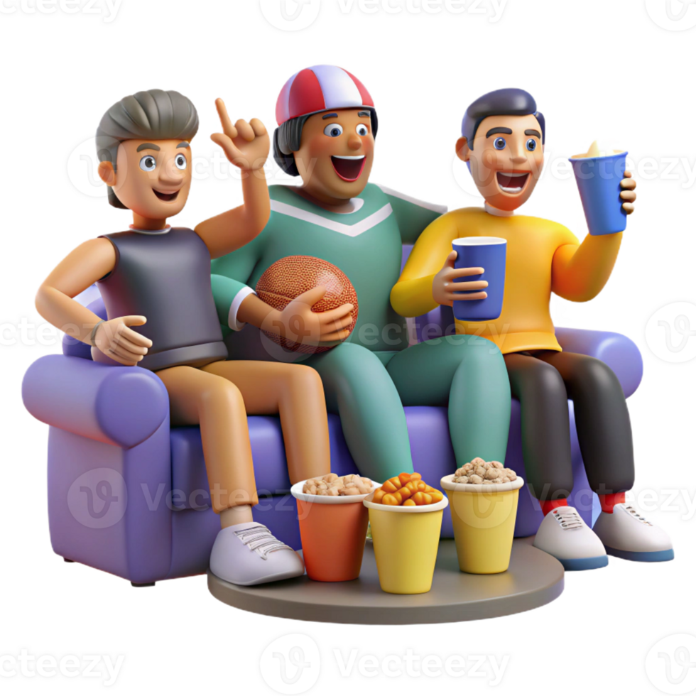 Group Enjoying Football Game with Snacks 3D png