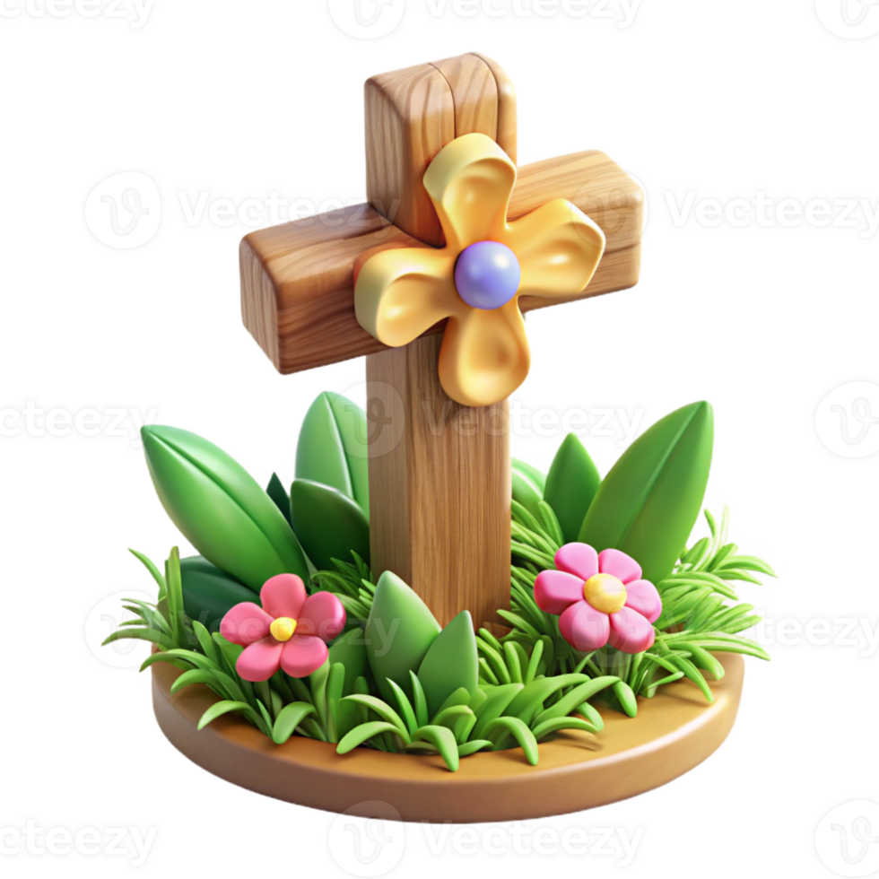 Rustic Wooden Cross Surrounded by Flowers png
