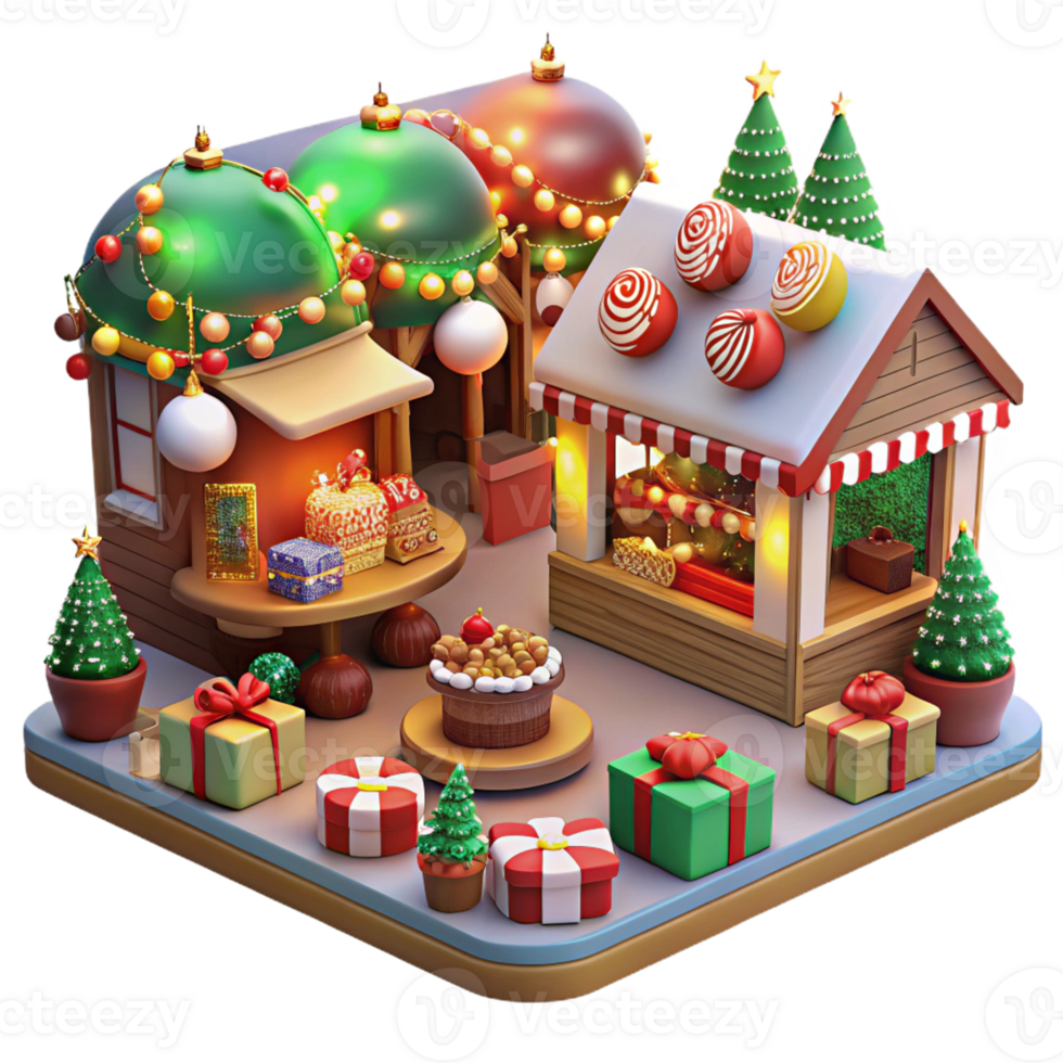 3D Bustling Christmas Market Scene with Festive Stalls png