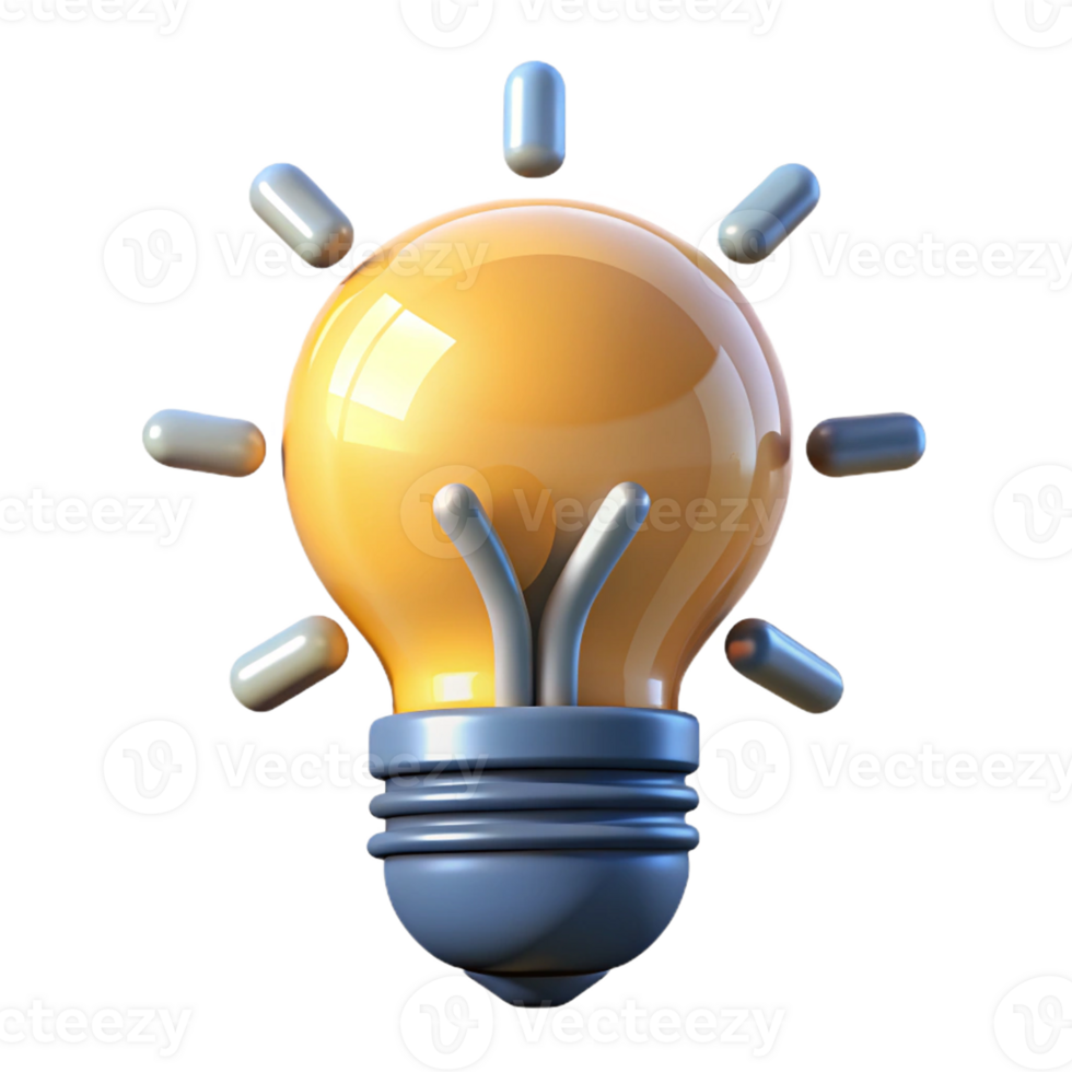 3D Light Bulb Icon with Radiating Beams of Light png