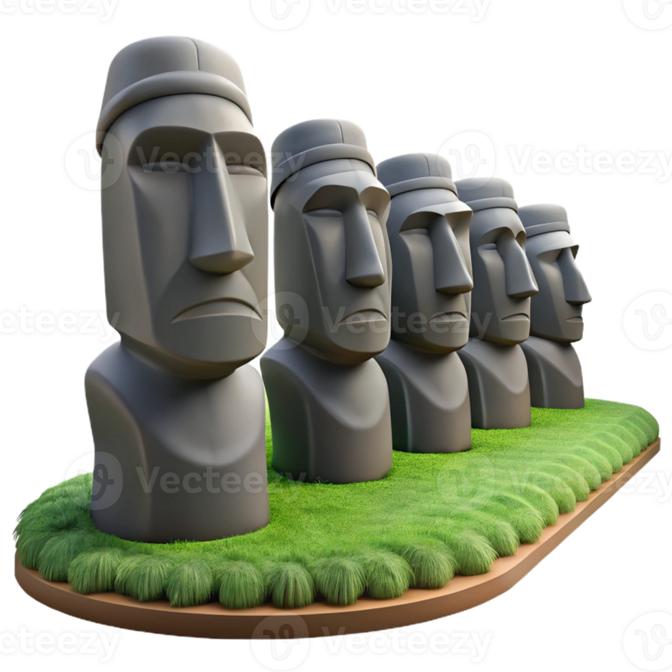 3D Row of Moai Statues on a Grass Platform png