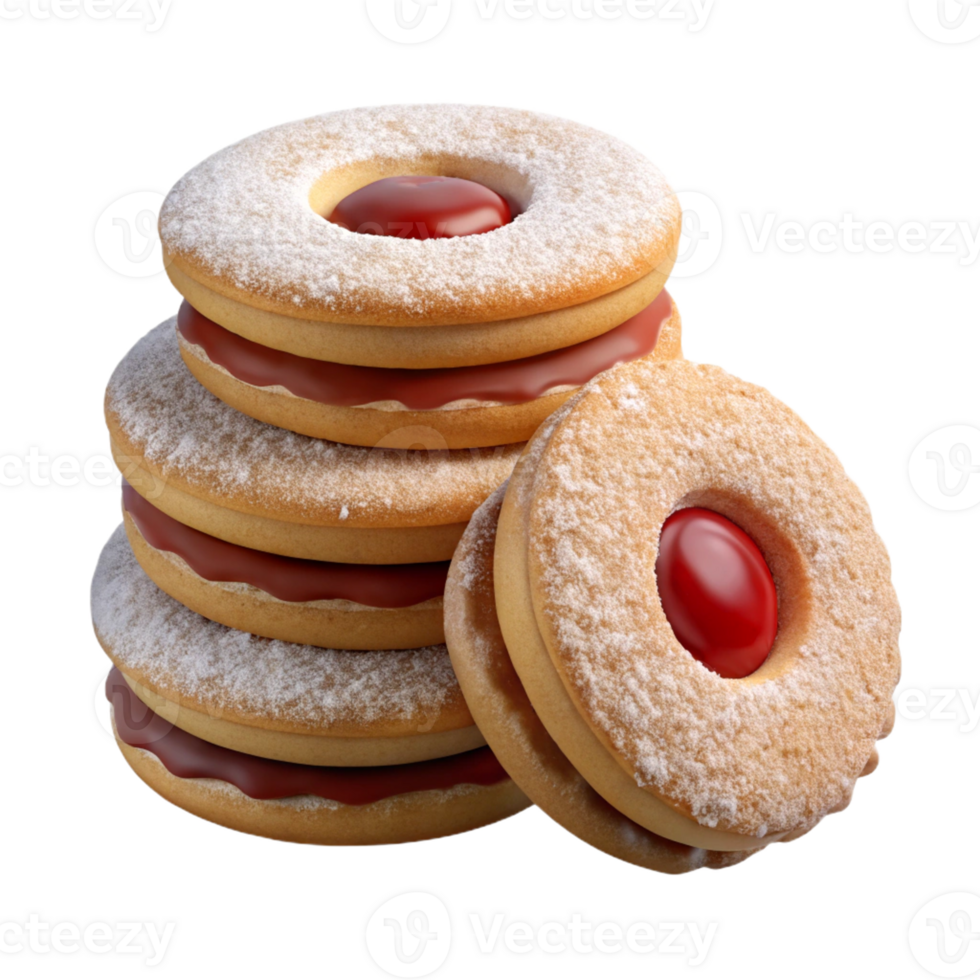 3D Stack of Linzer Cookies with Jam Filling and Powdered Sugar png