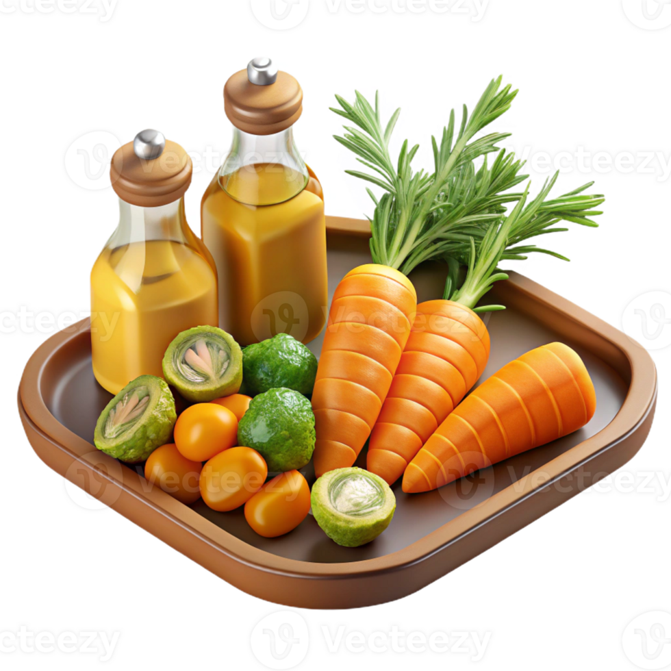 3D Tray of Fresh Carrots and Bottled Juice png