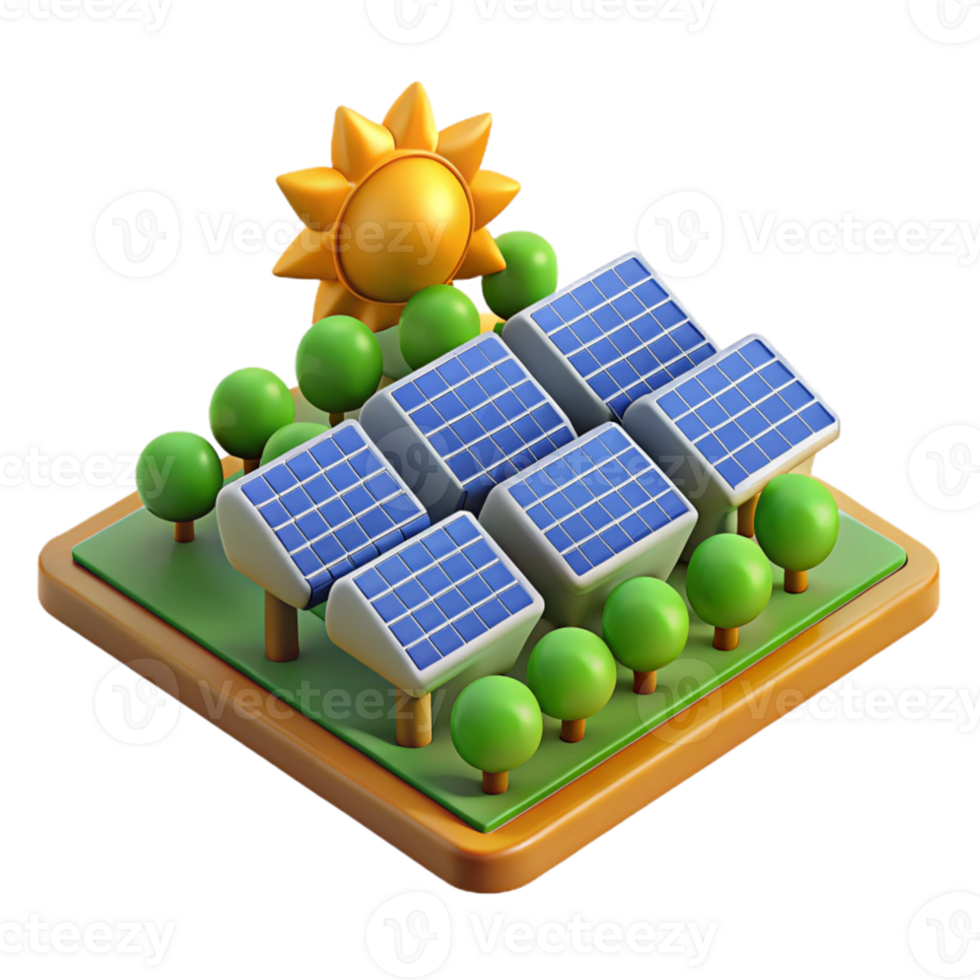 3D Icon of a Solar Farm with Sun and Trees png