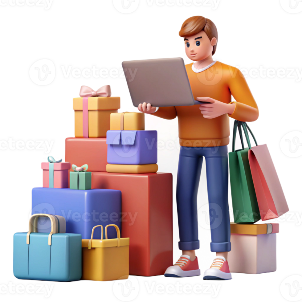 Online Shopper Browsing Amid Gift Boxes png