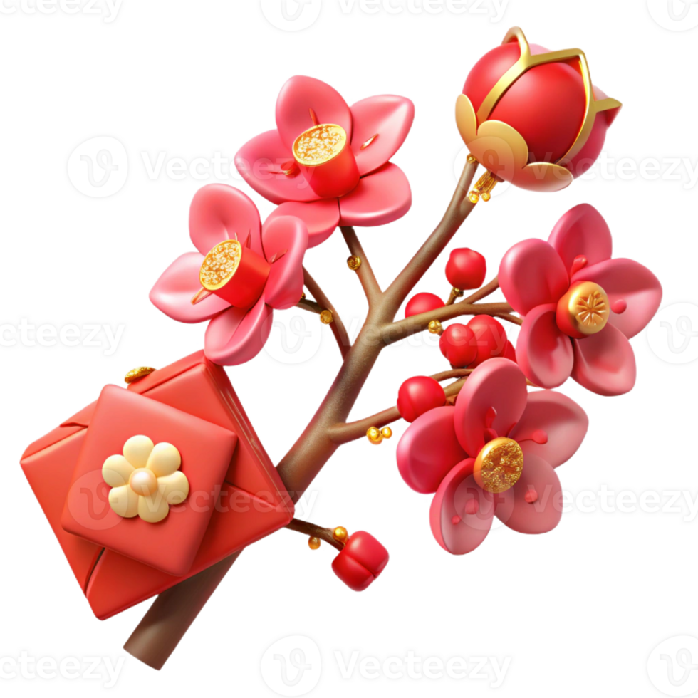 Peach Blossom Branch with Festive Red Envelope png
