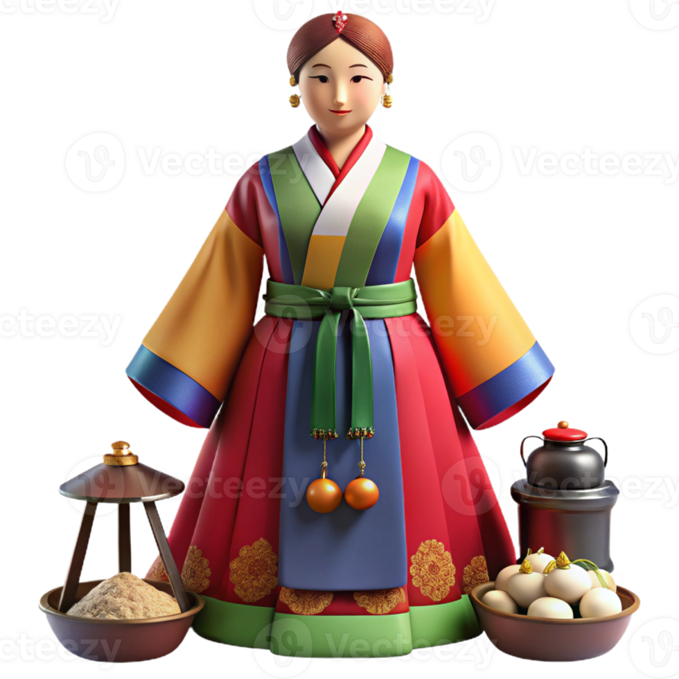 Authentic Korean Hanbok with Festive Bowls png