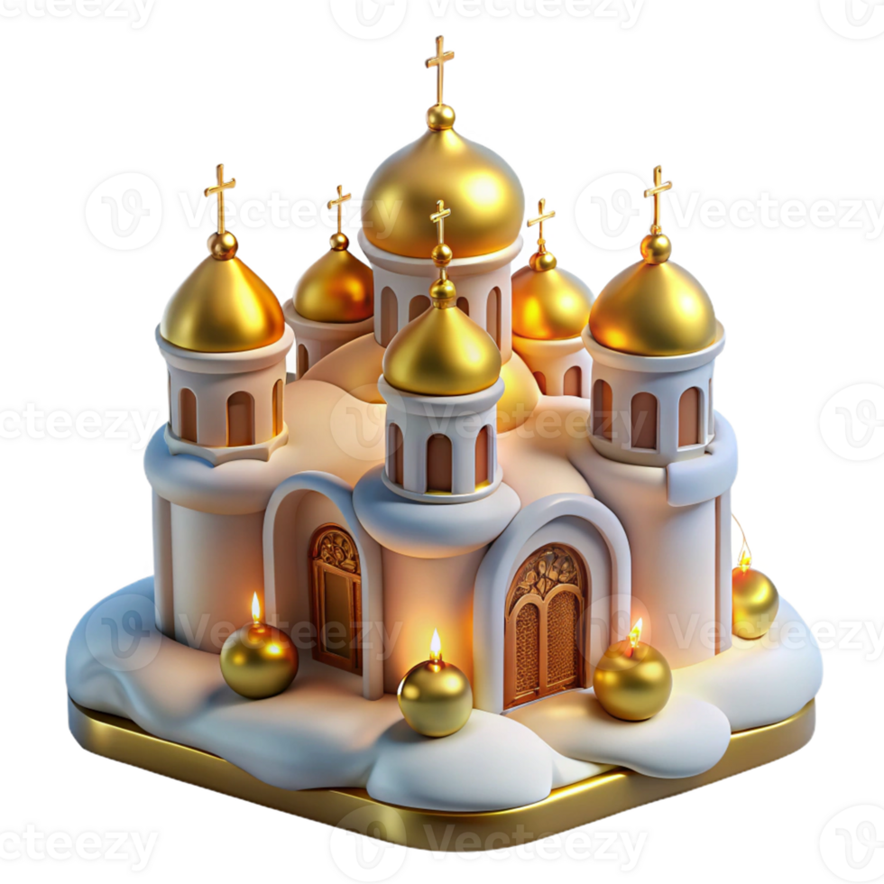 3D cathedral with golden domes and intricate details. png