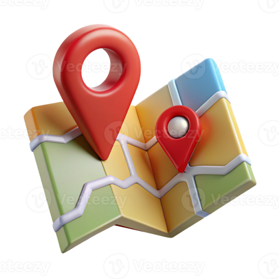 3D paper map with vibrant location pins png
