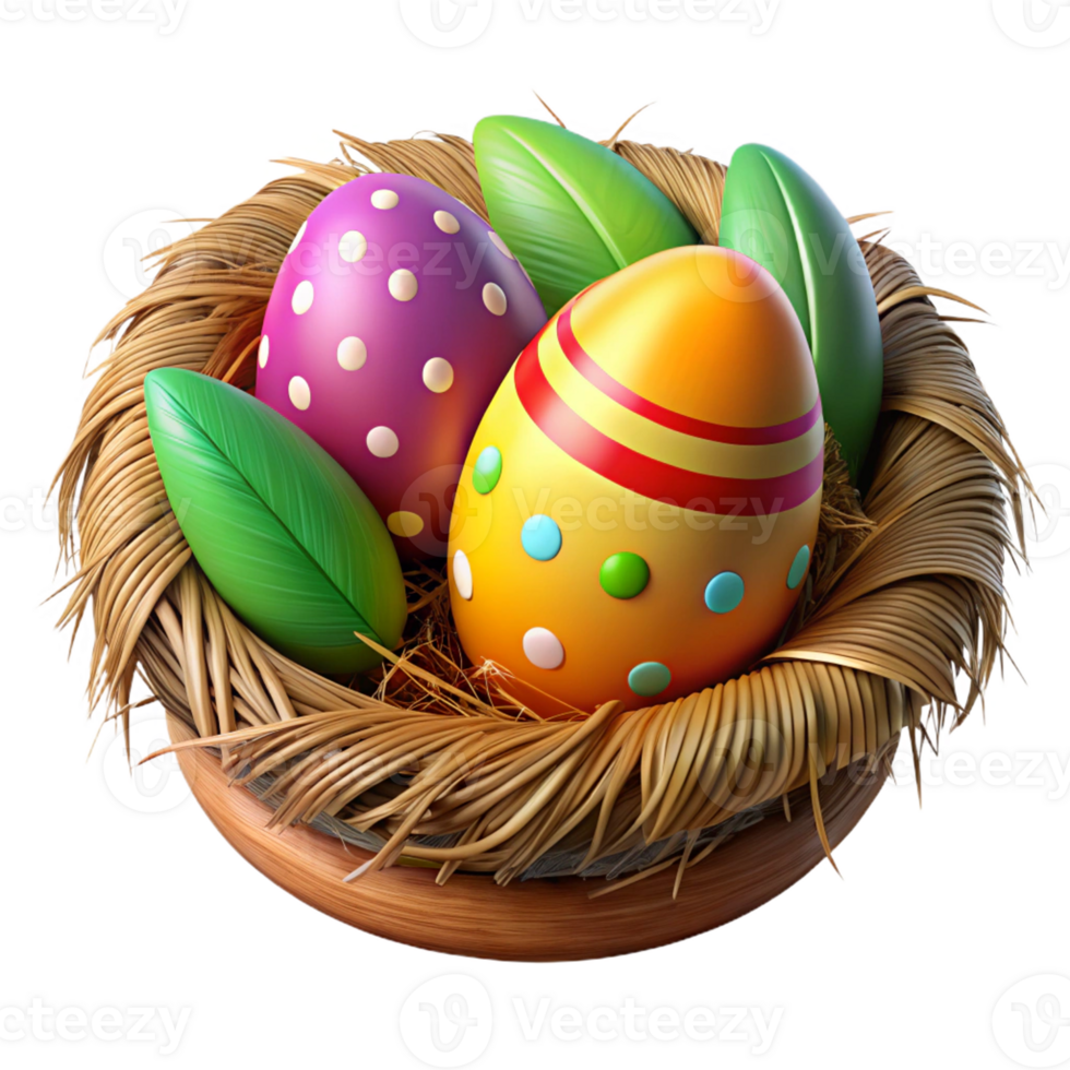 3D nest filled with colorful Easter eggs png