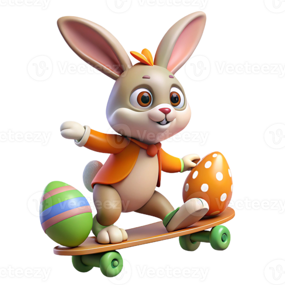 Playful 3D bunny on a skateboard with Easter egg png