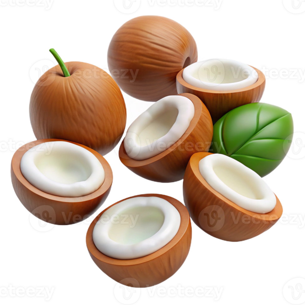 3D realistic coconuts with open halves png