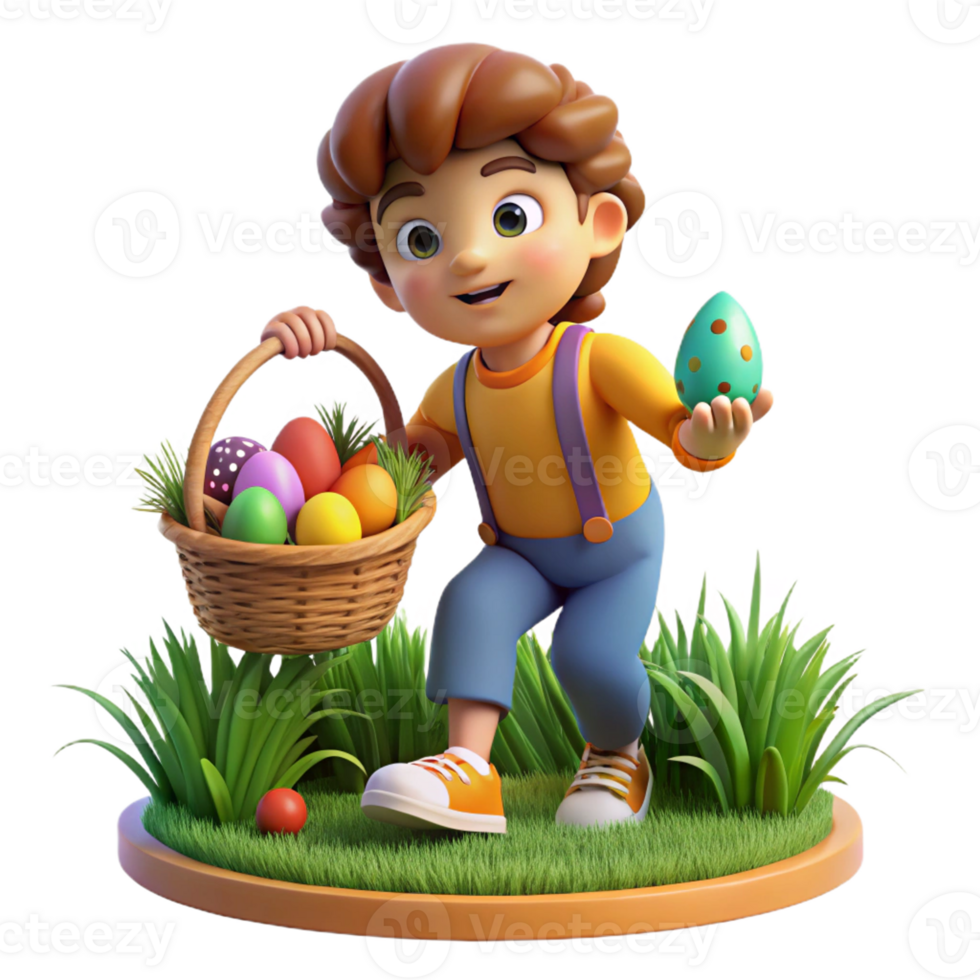 3D playful boy holding an Easter basket png