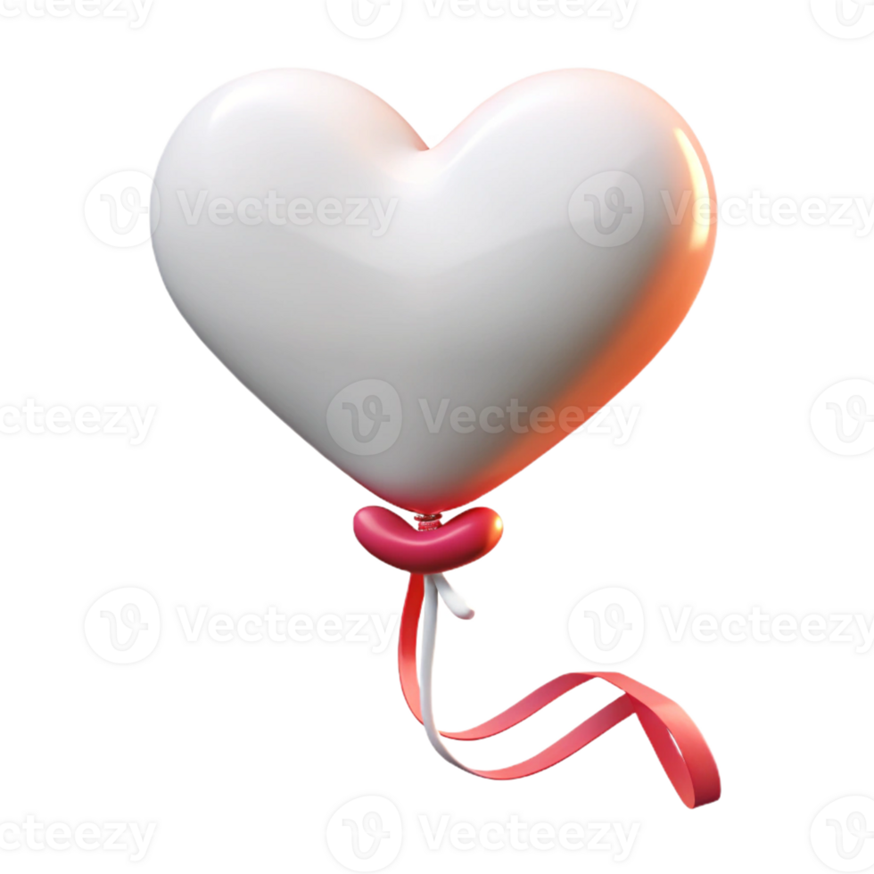 3D white heart-shaped balloon with a ribbon. png