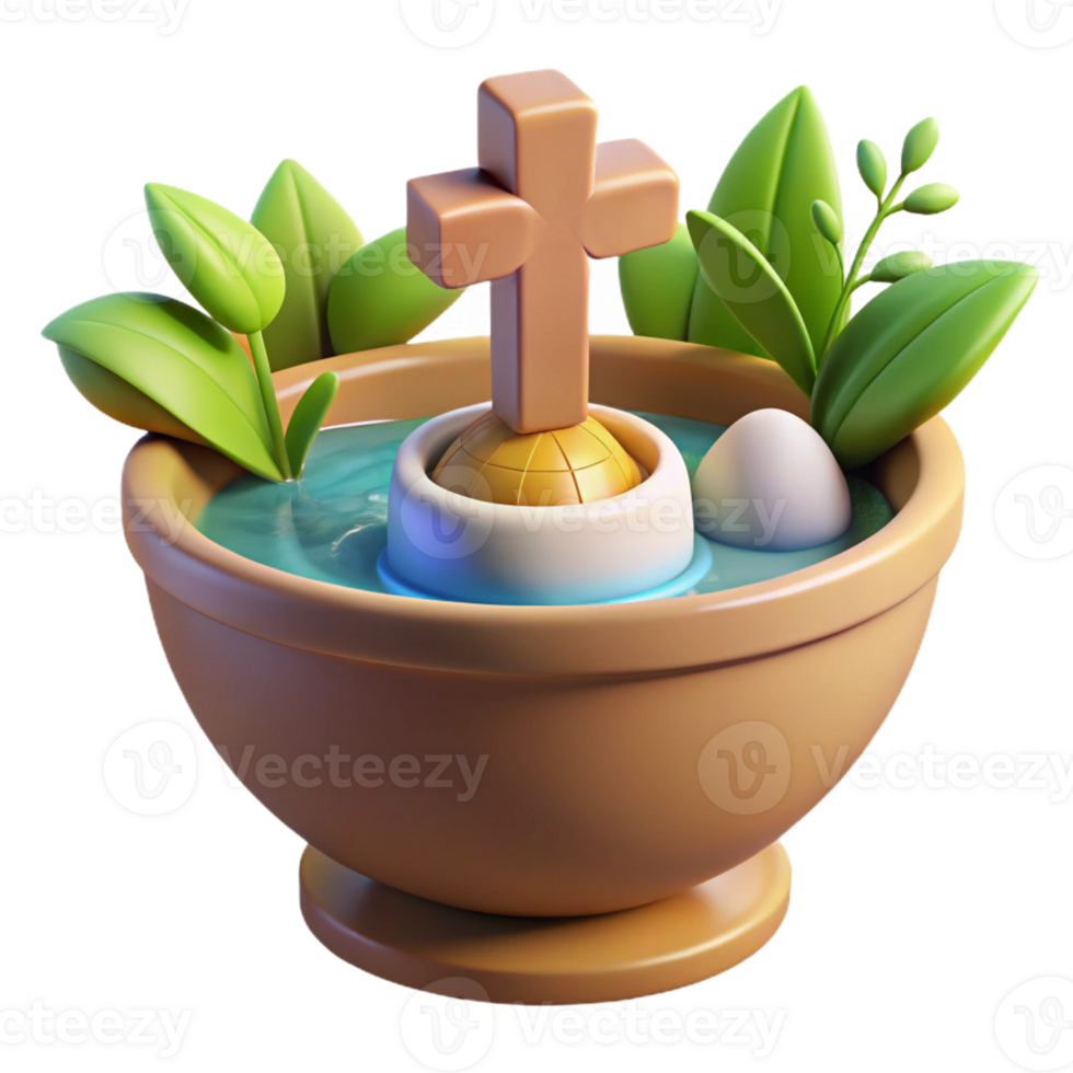 3D ceramic bowl filled with Easter eggs and greenery png
