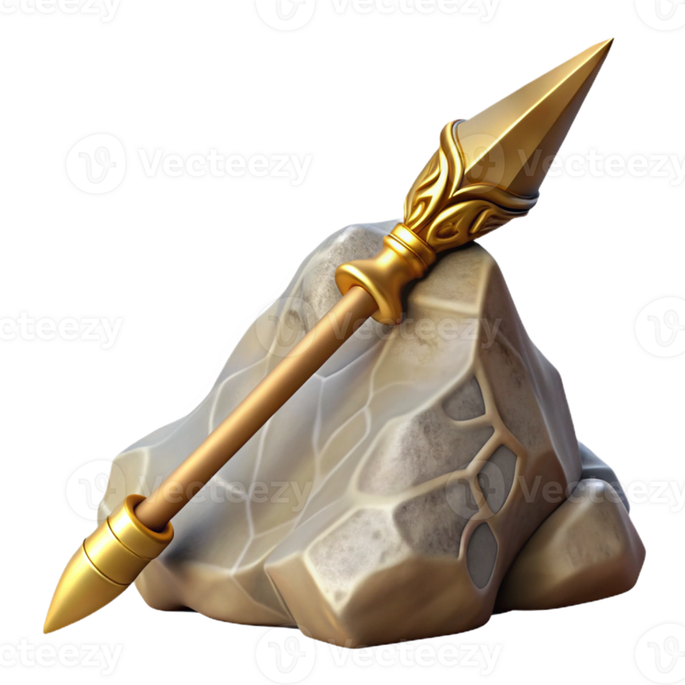 3D handcrafted spear embedded in a rock. png